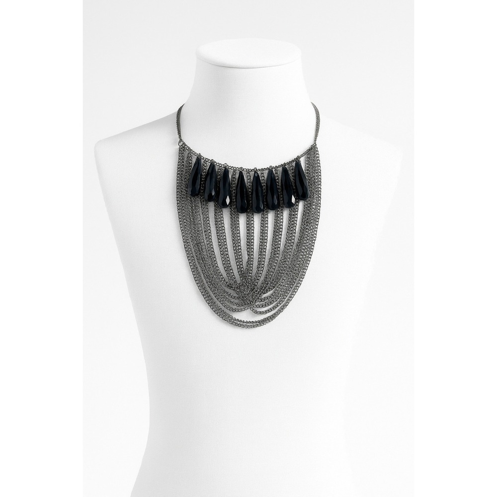 Black Teardrop Bead Multi-Layer Silver Chain Statement Necklace‎ Boho Chic
